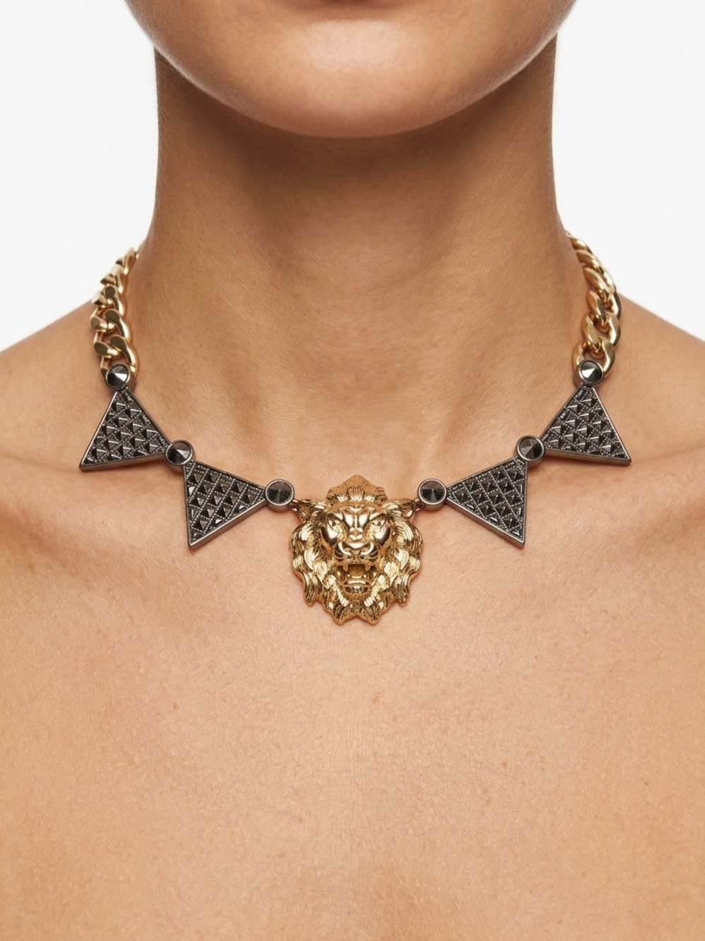 Gold Lion Pendant Chain Necklace with Black Triangle Accents